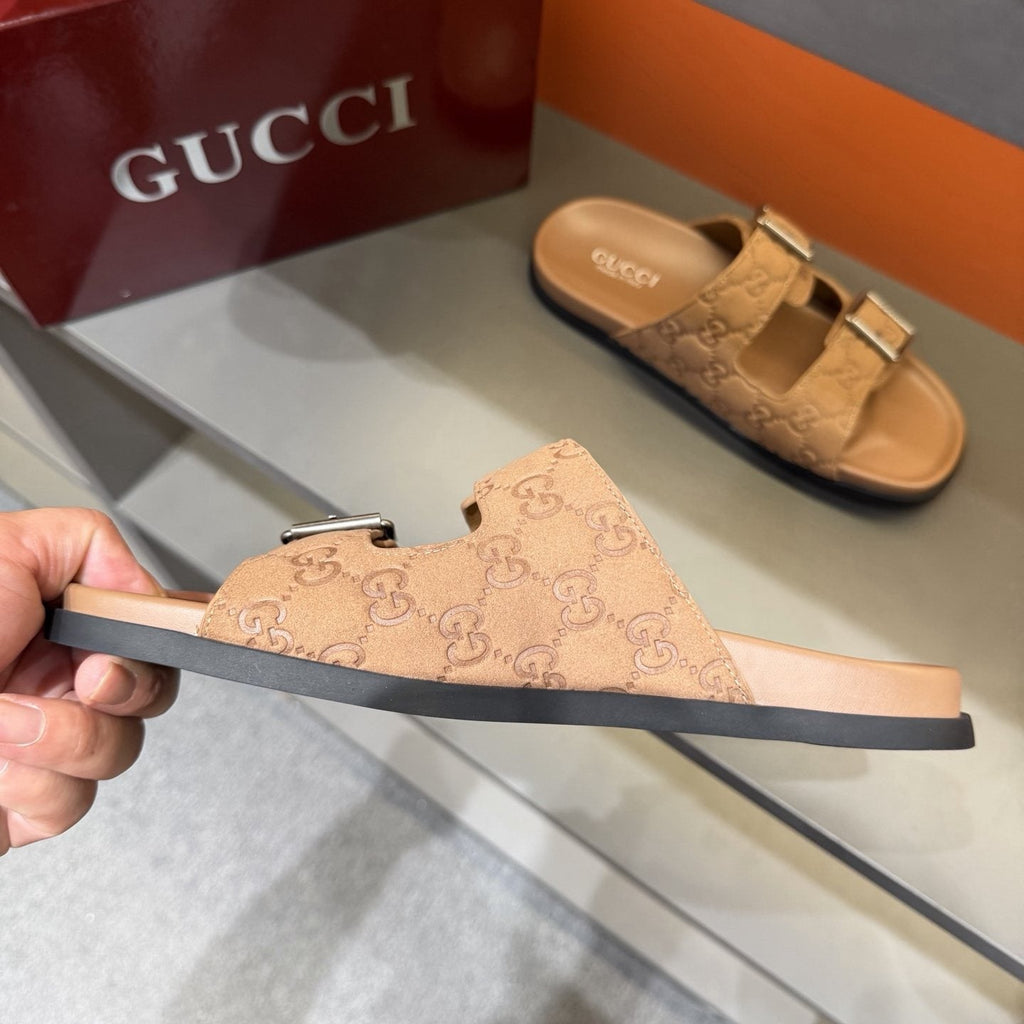 Gucci Two-Buckle Monogram Slide Sandals — side