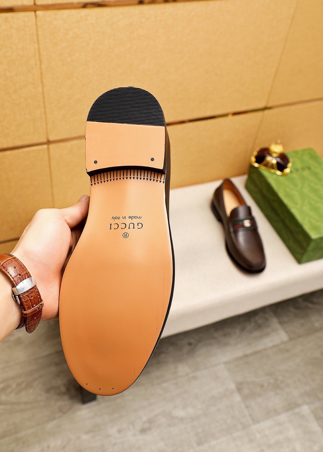 Gucci Web Stripe Leather Loafers — front