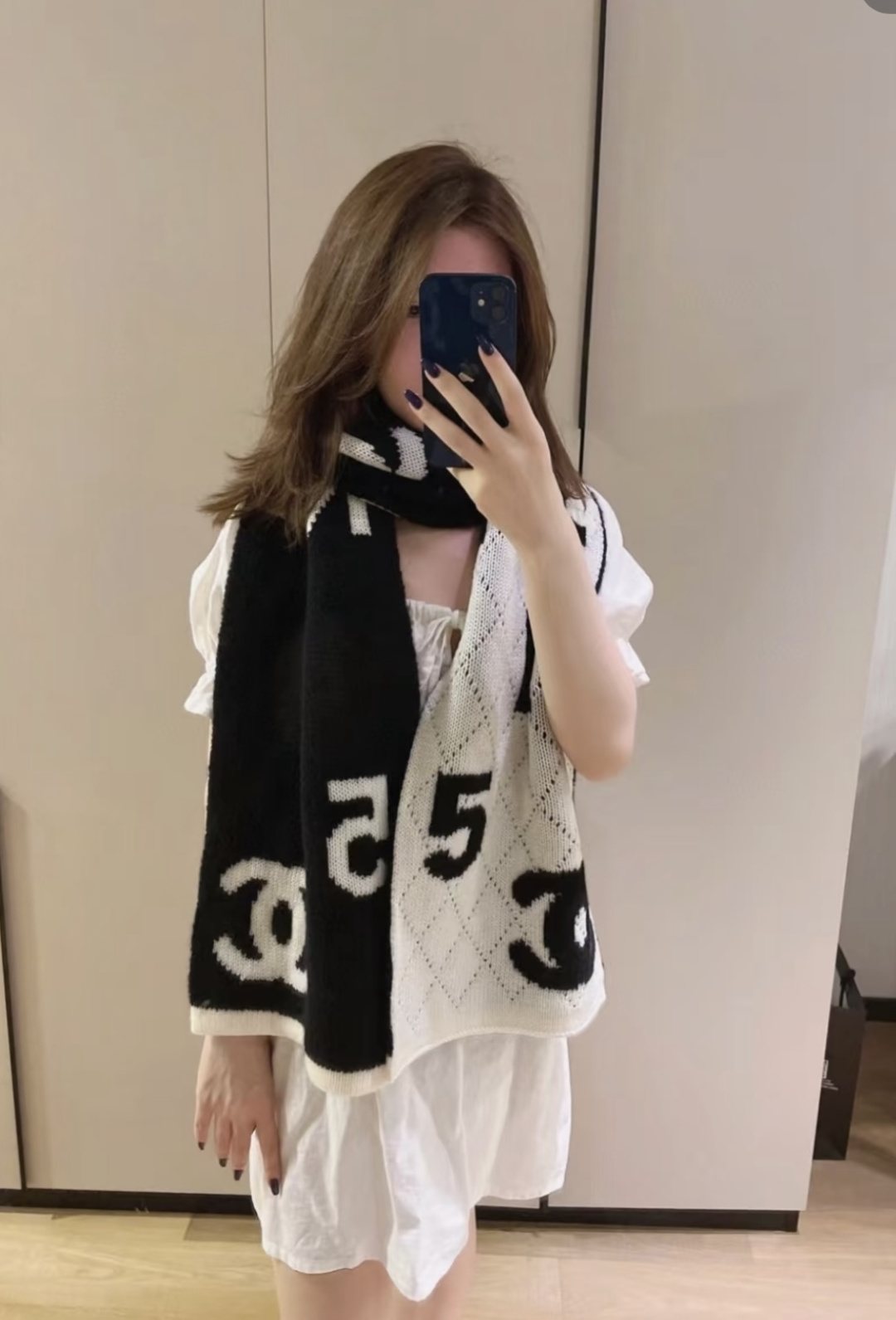 Chanel Beige and Cream Motif Knitted Scarf — model