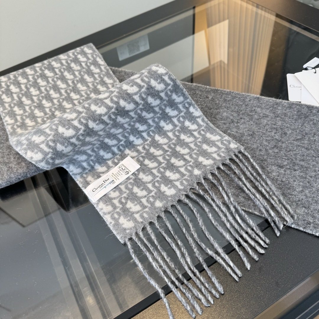 Dior Gray & Ivory Fringed Scarf — front
