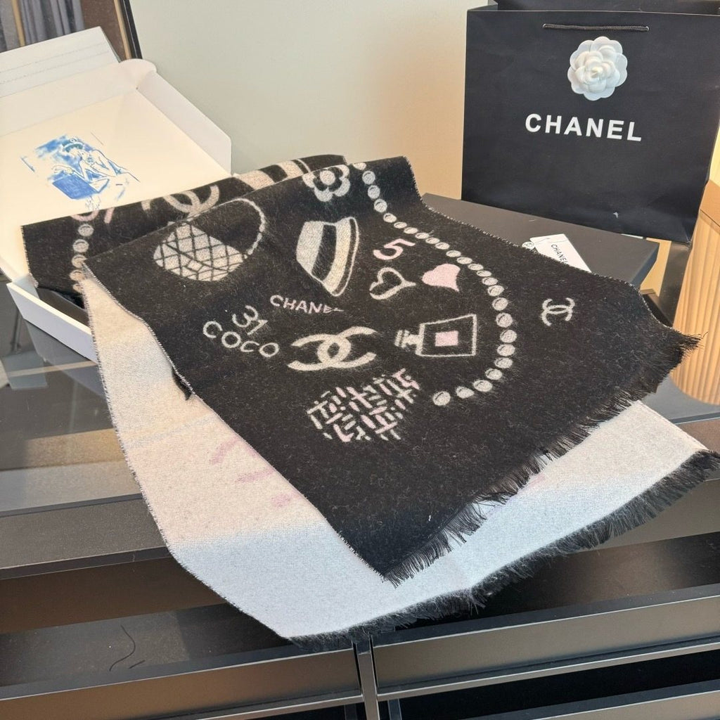 Chanel Black Pearl Motif Scarf — front