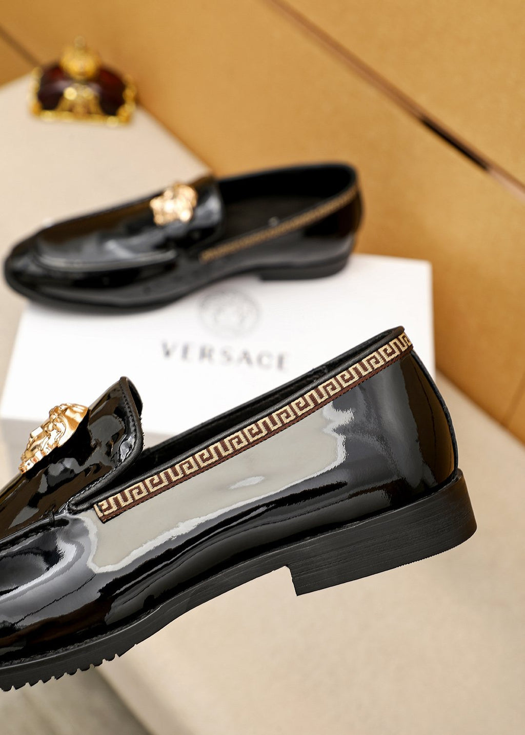 Versace Black Glossy Hardware Loafers — detail