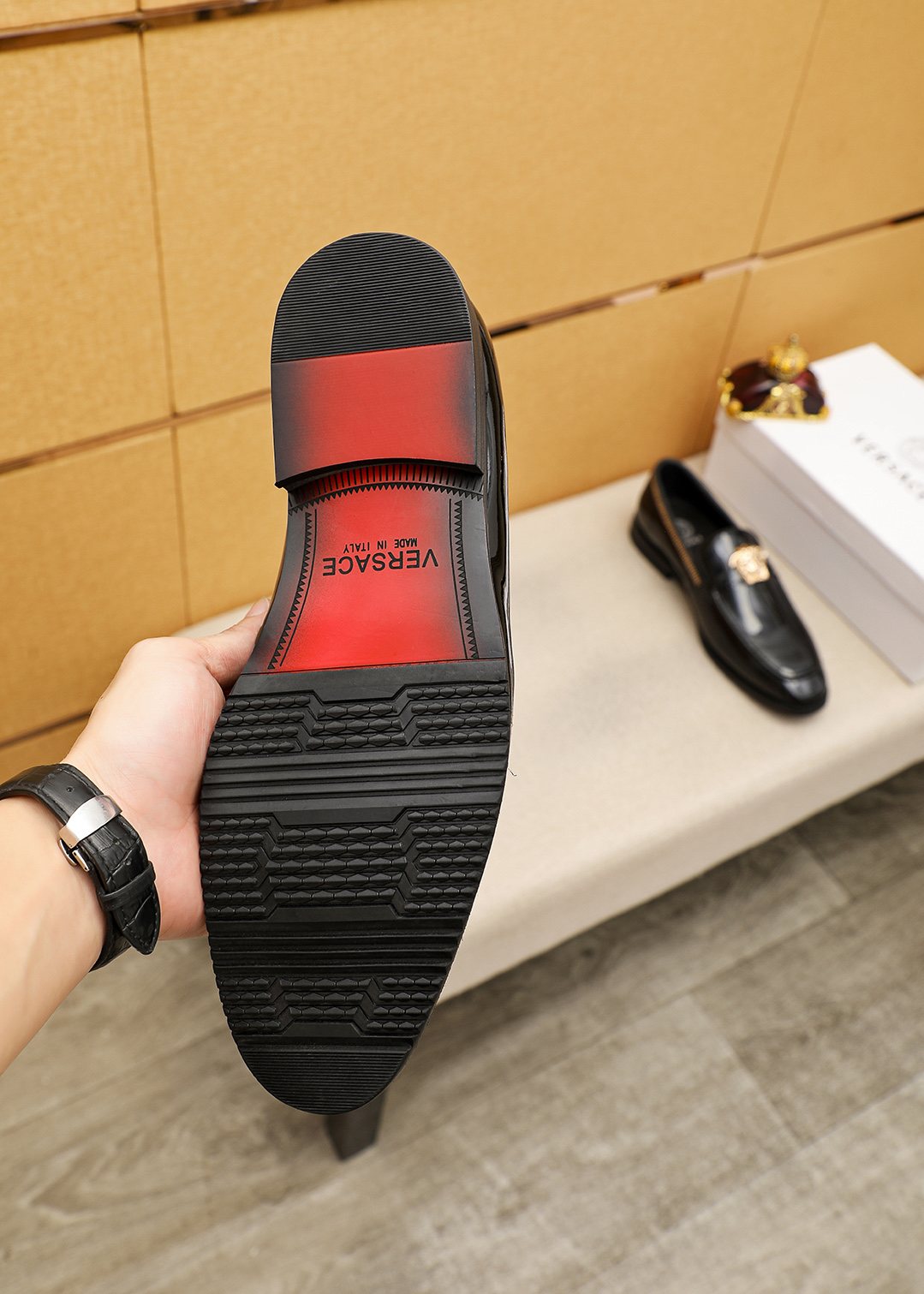 Versace Black Glossy Hardware Loafers — detail
