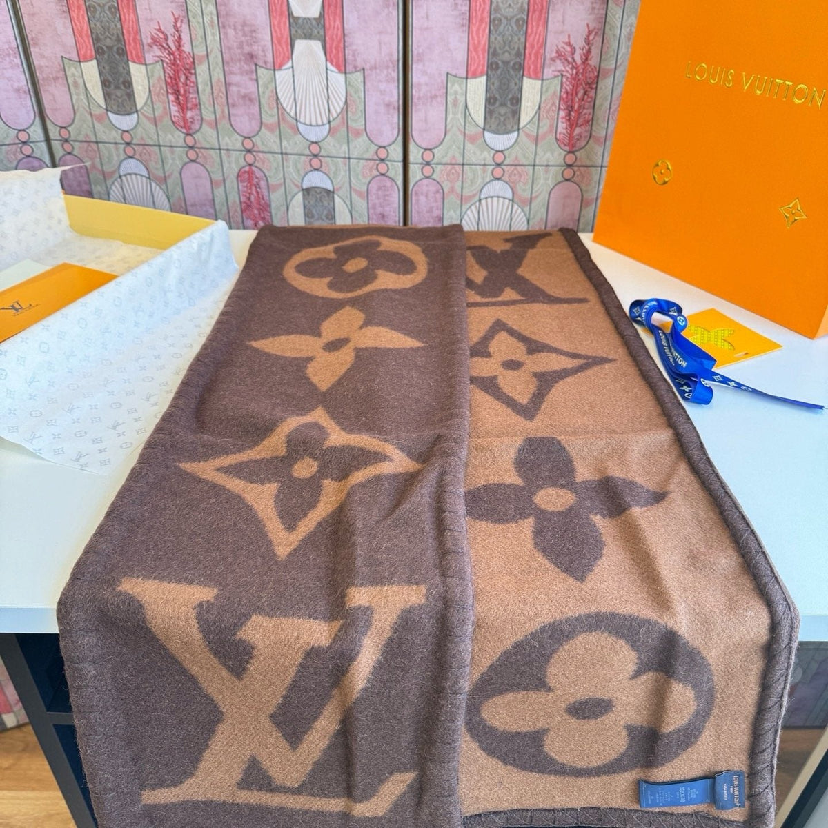 Louis Vuitton Brown and Tan Motif Scarf — front
