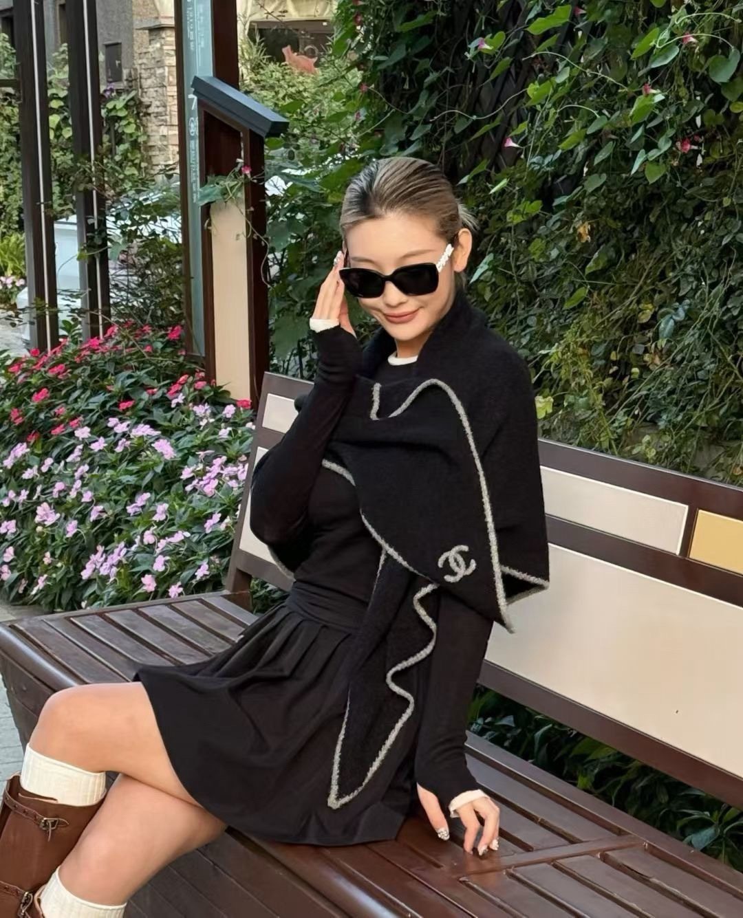 Chanel Black Ivory Trim Triangular Scarf — model