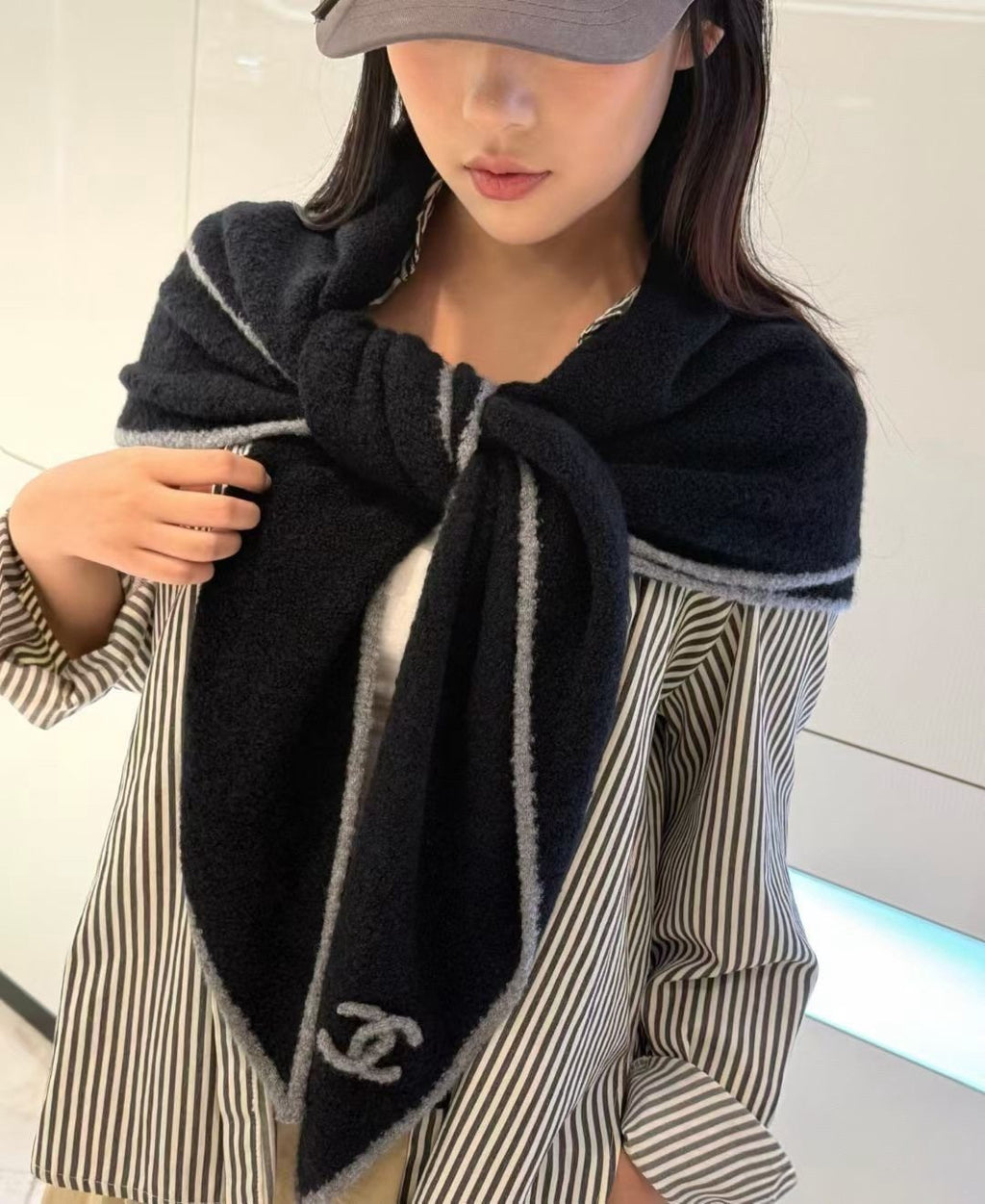 Chanel Black Ivory Trim Triangular Scarf — model