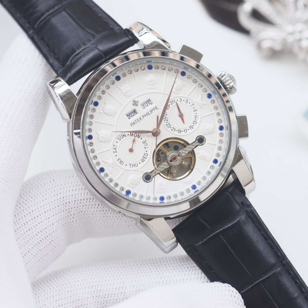 PATEK PHILIPPE Silver Black White Dial Strap Watch — hero