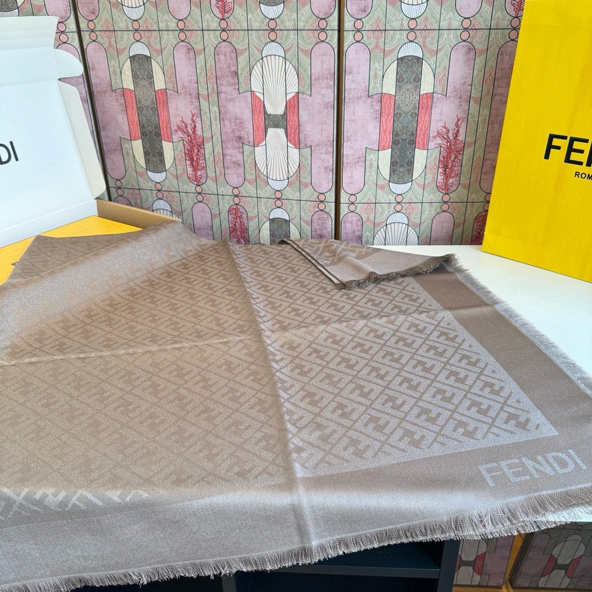FENDI Fringed Geometric Monogram Scarf — front