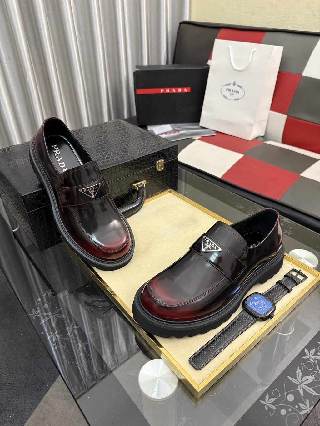 Prada Black Plaque Strap Loafers — front