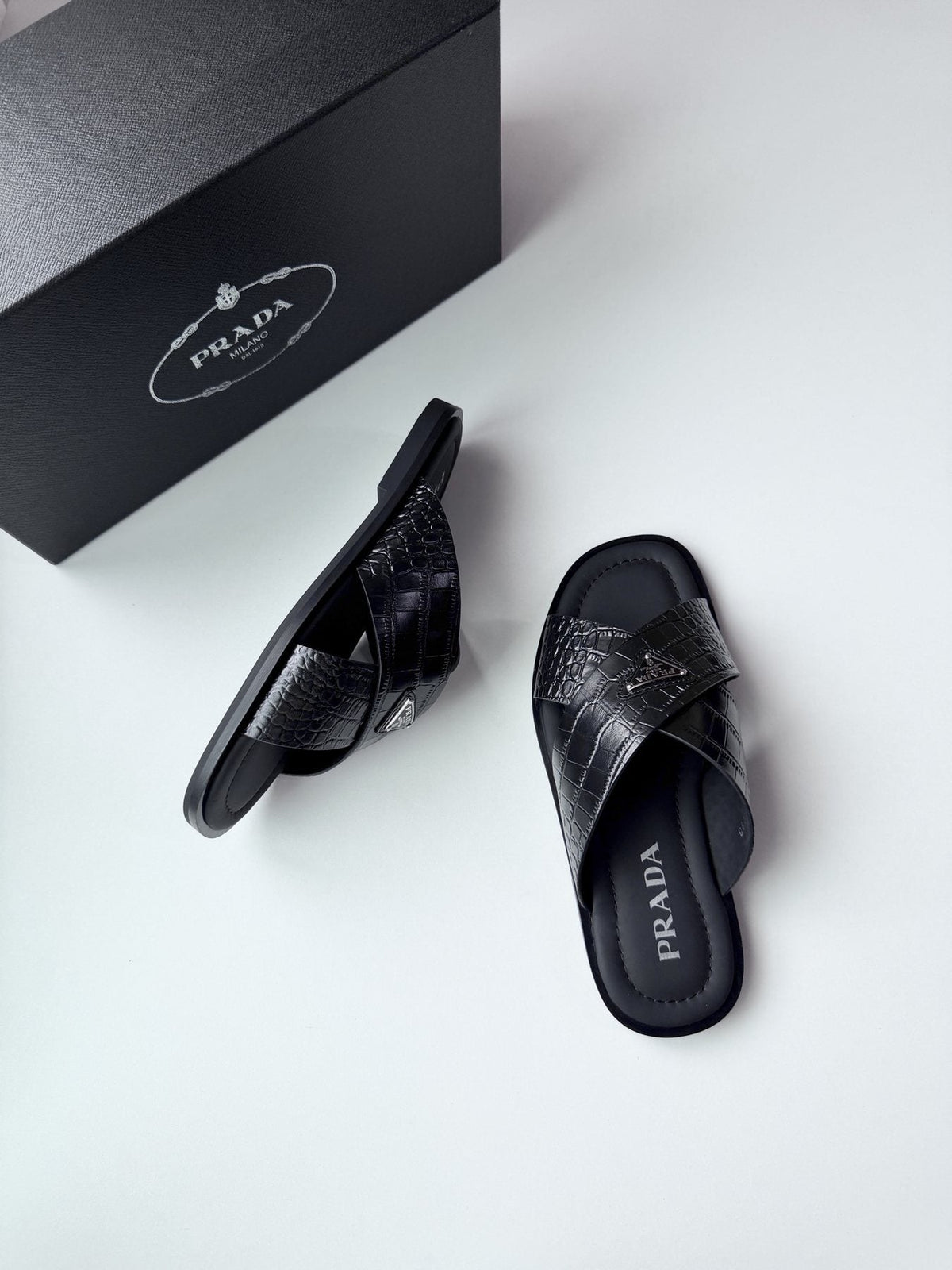 Prada Croc-Embossed Cross-Strap Slide Sandals — side