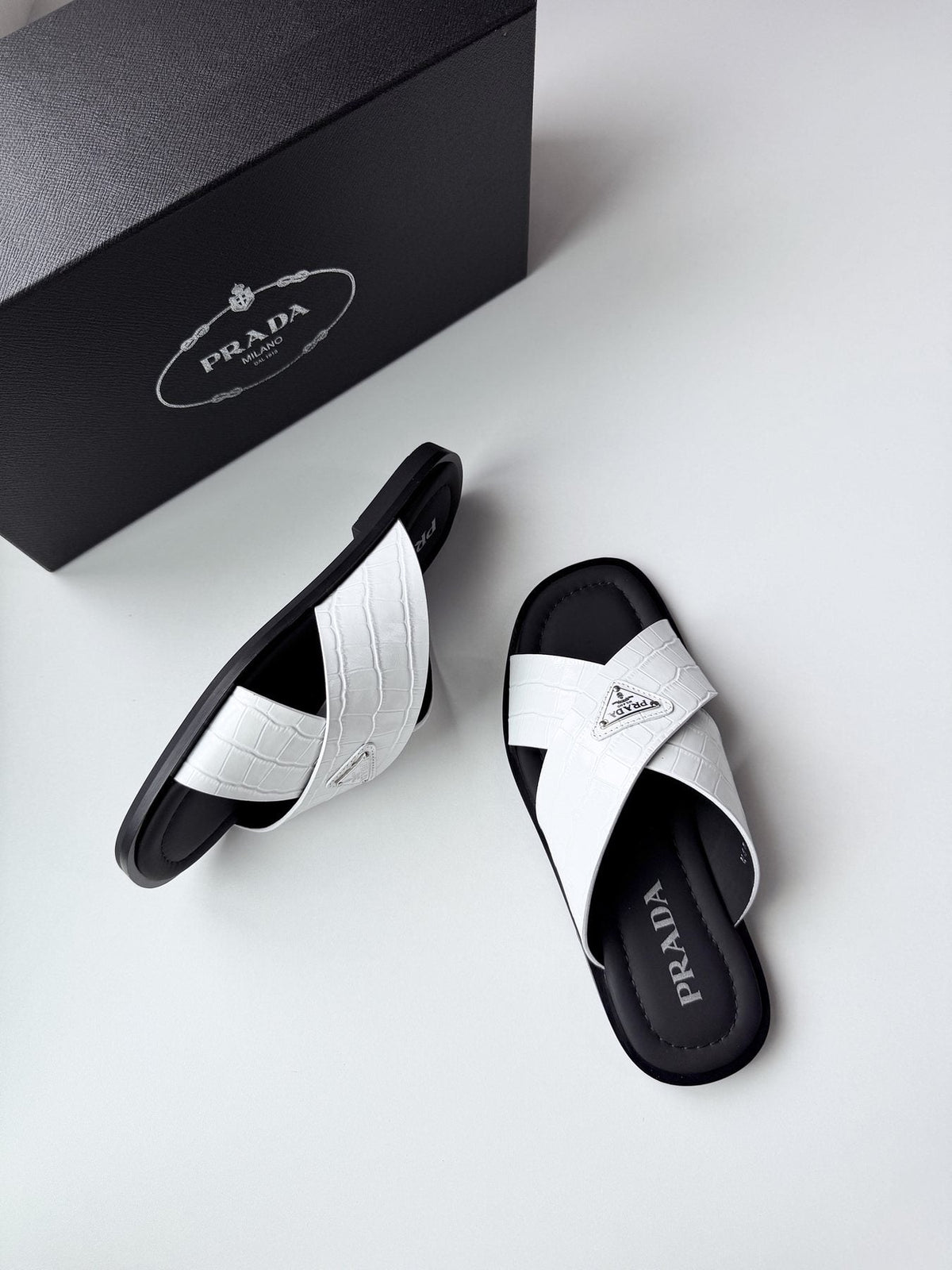 Prada Croc-Embossed Cross-Strap Slide Sandals — side