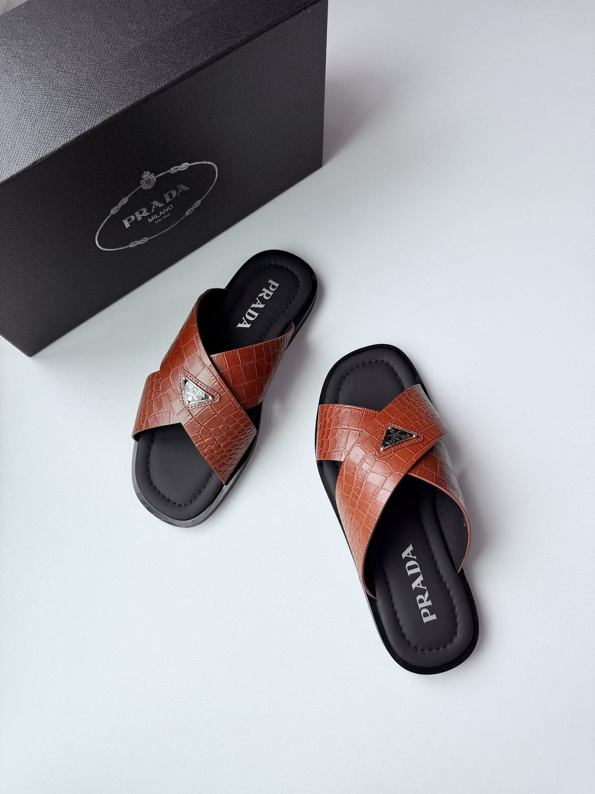 Prada Croc-Embossed Cross-Strap Slide Sandals — side