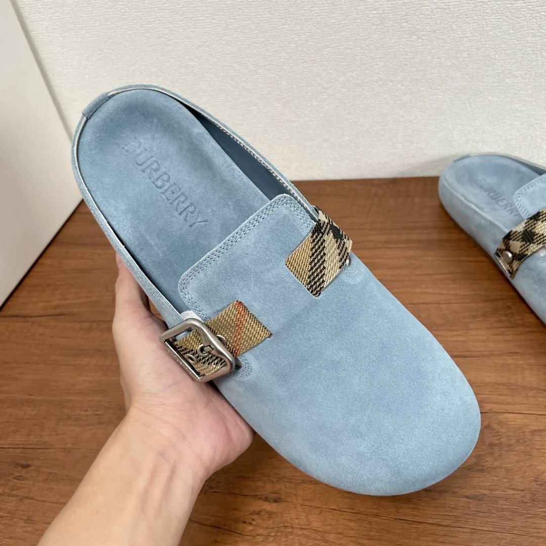 Burberry Powder Blue Check Strap Mule Sandals — front