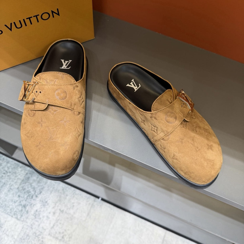 Louis Vuitton Monogram Buckle Slide Sandals — front