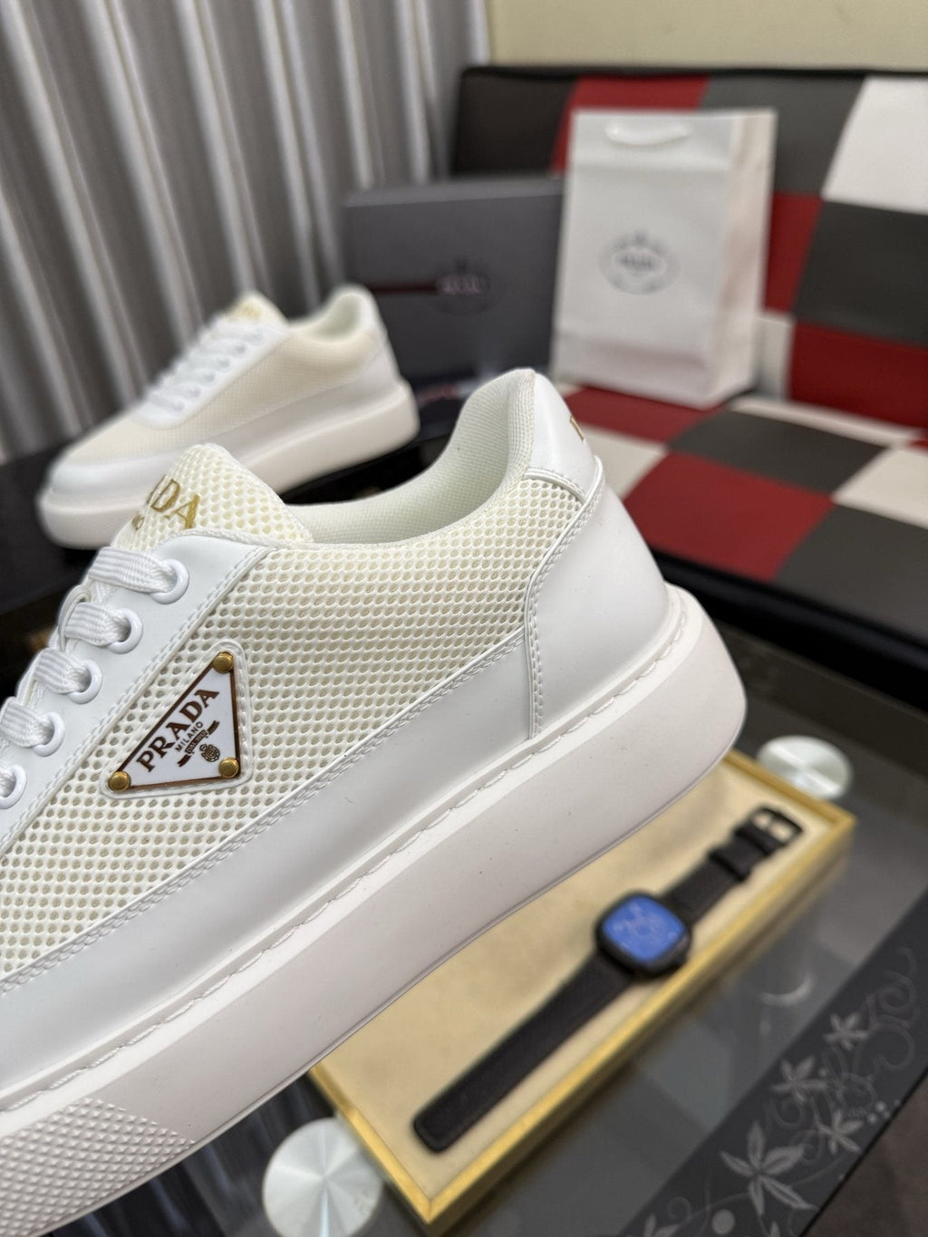 Prada Triangle Badge Low-Top Sneakers — detail