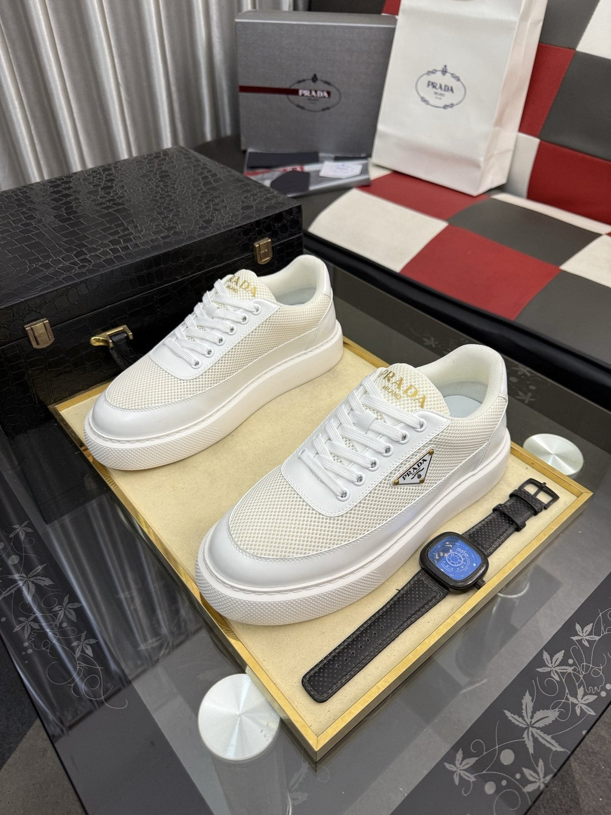 Prada Triangle Badge Low-Top Sneakers — side