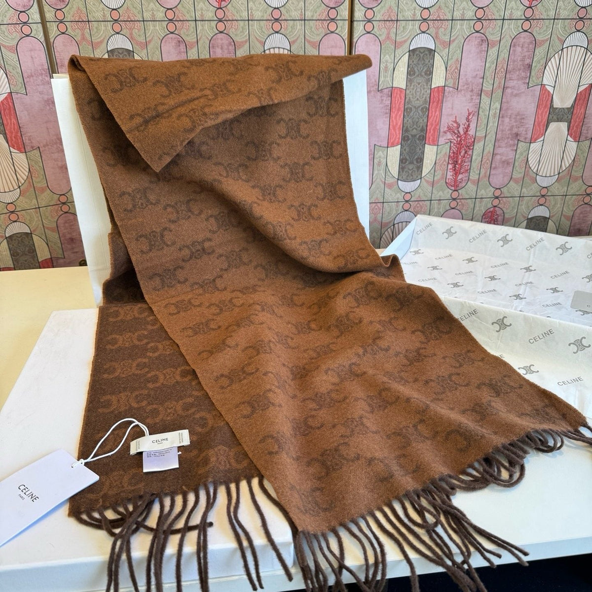 Celine Brown Patterned Fringed Scarf — front