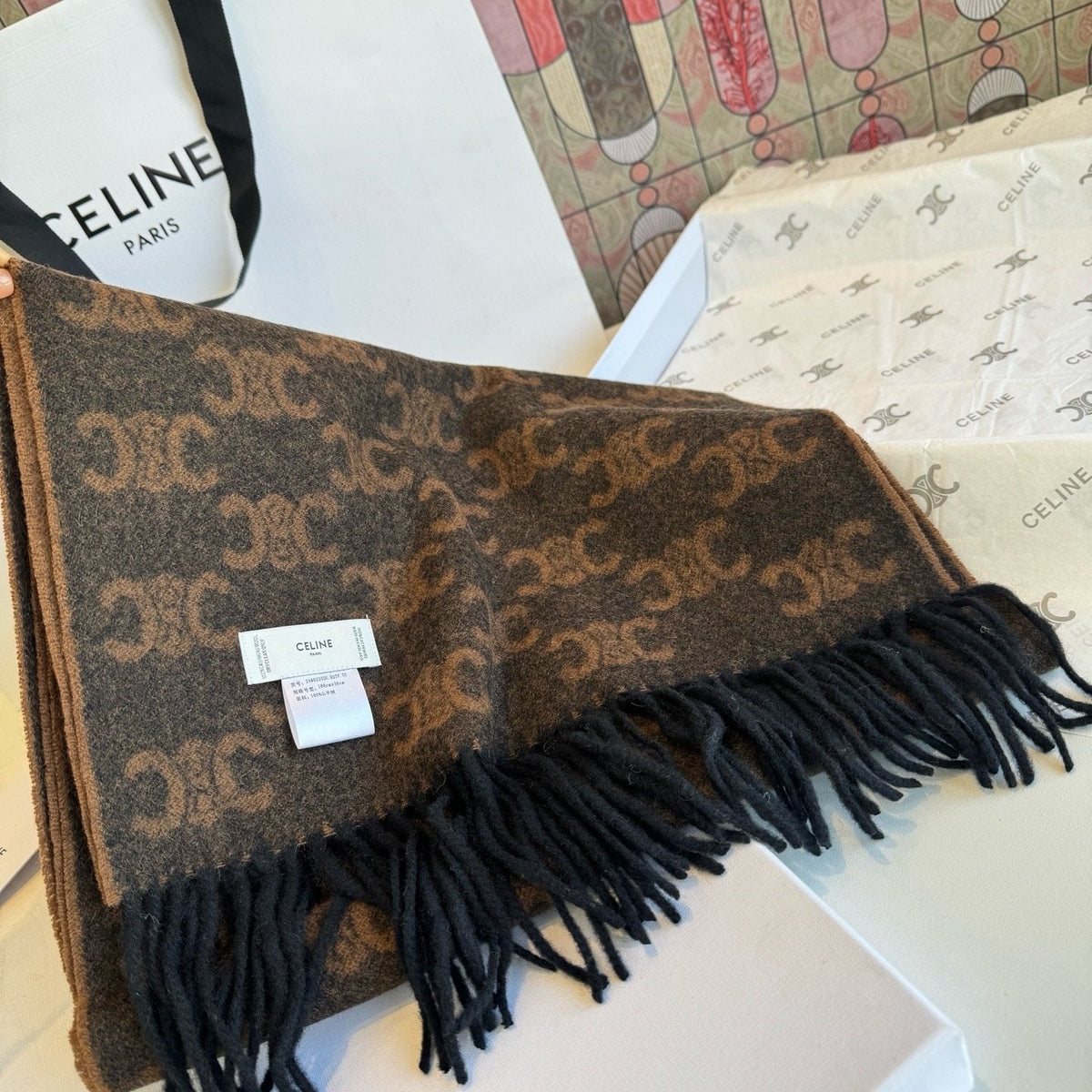 Celine Brown Patterned Fringed Scarf — front