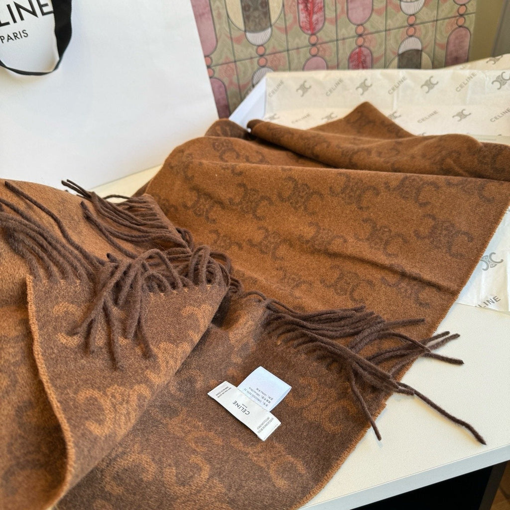 CELINE Brown Monogram Fringed Scarf — side
