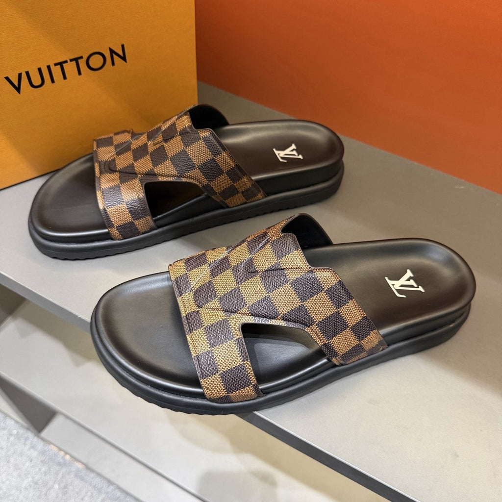 Louis Vuitton Checkerboard Crossover Slide Sandals — front
