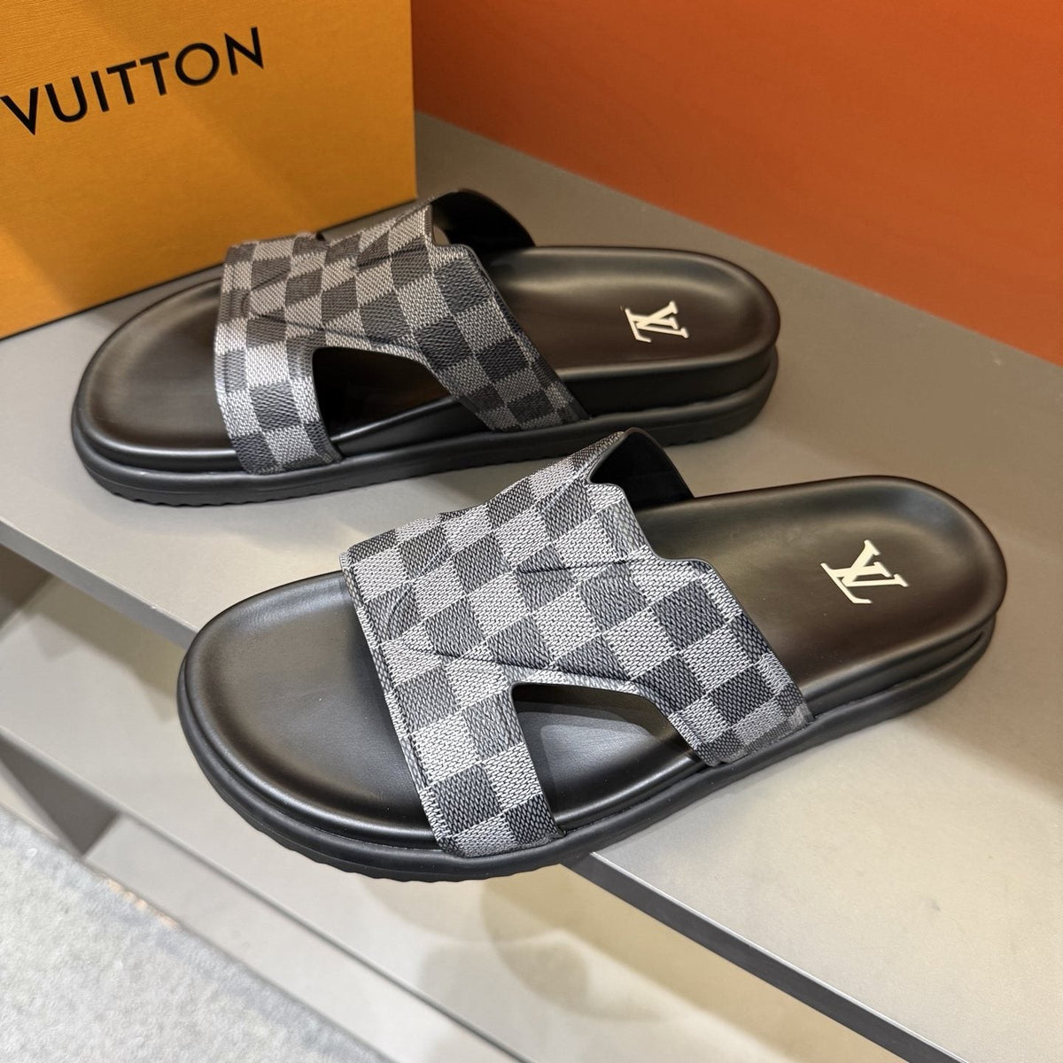 Louis Vuitton Checkerboard Crossover Slide Sandals — front