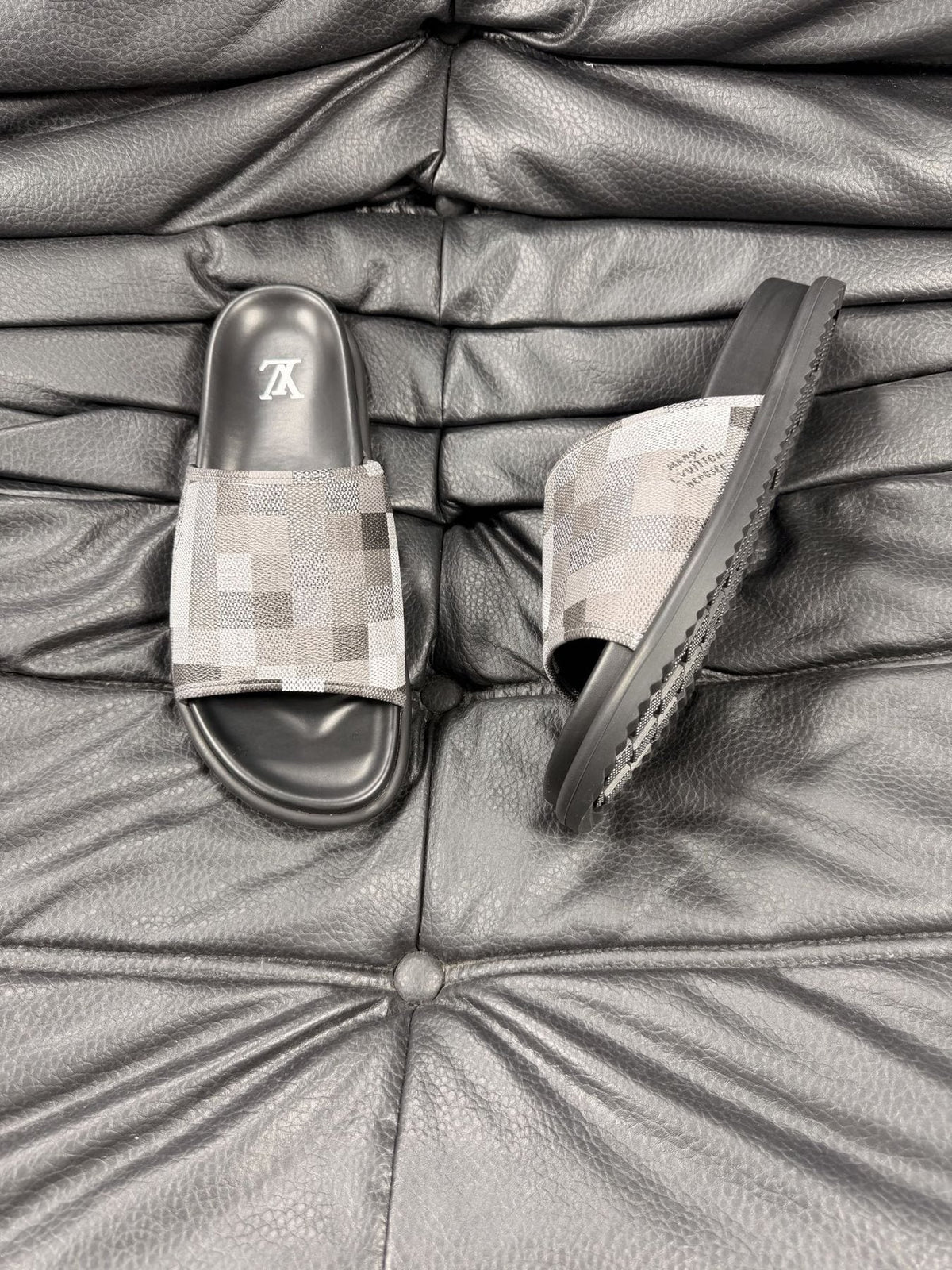 Louis Vuitton Slate Blue Checkered Slide Sandals — side