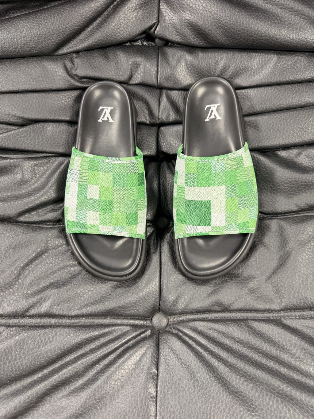 Louis Vuitton Blue Checkerboard Slide Sandals — front