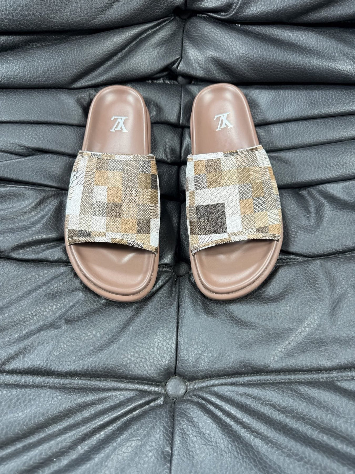 Louis Vuitton Slate Blue Checkered Slide Sandals — front