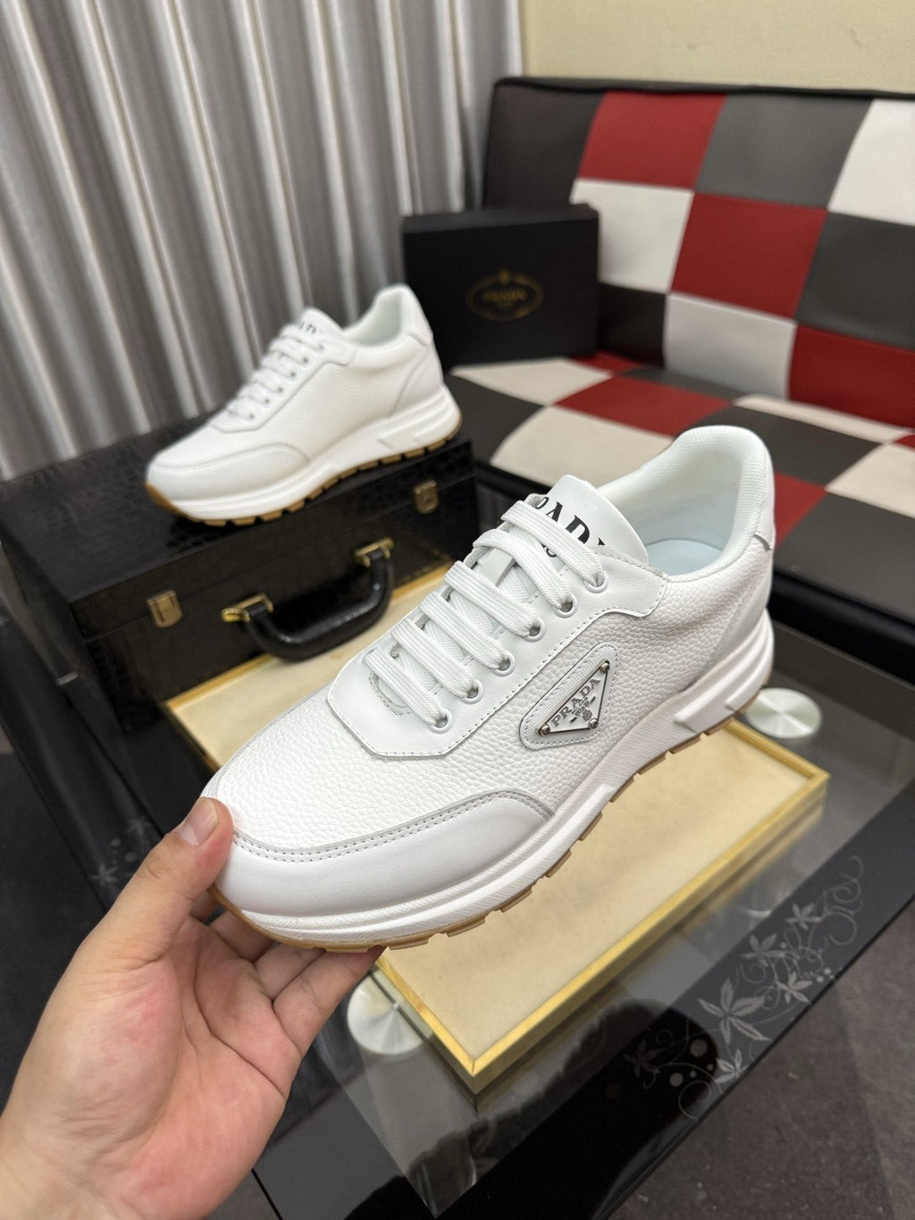 Prada Triangle Badge Low-Top Sneakers — detail