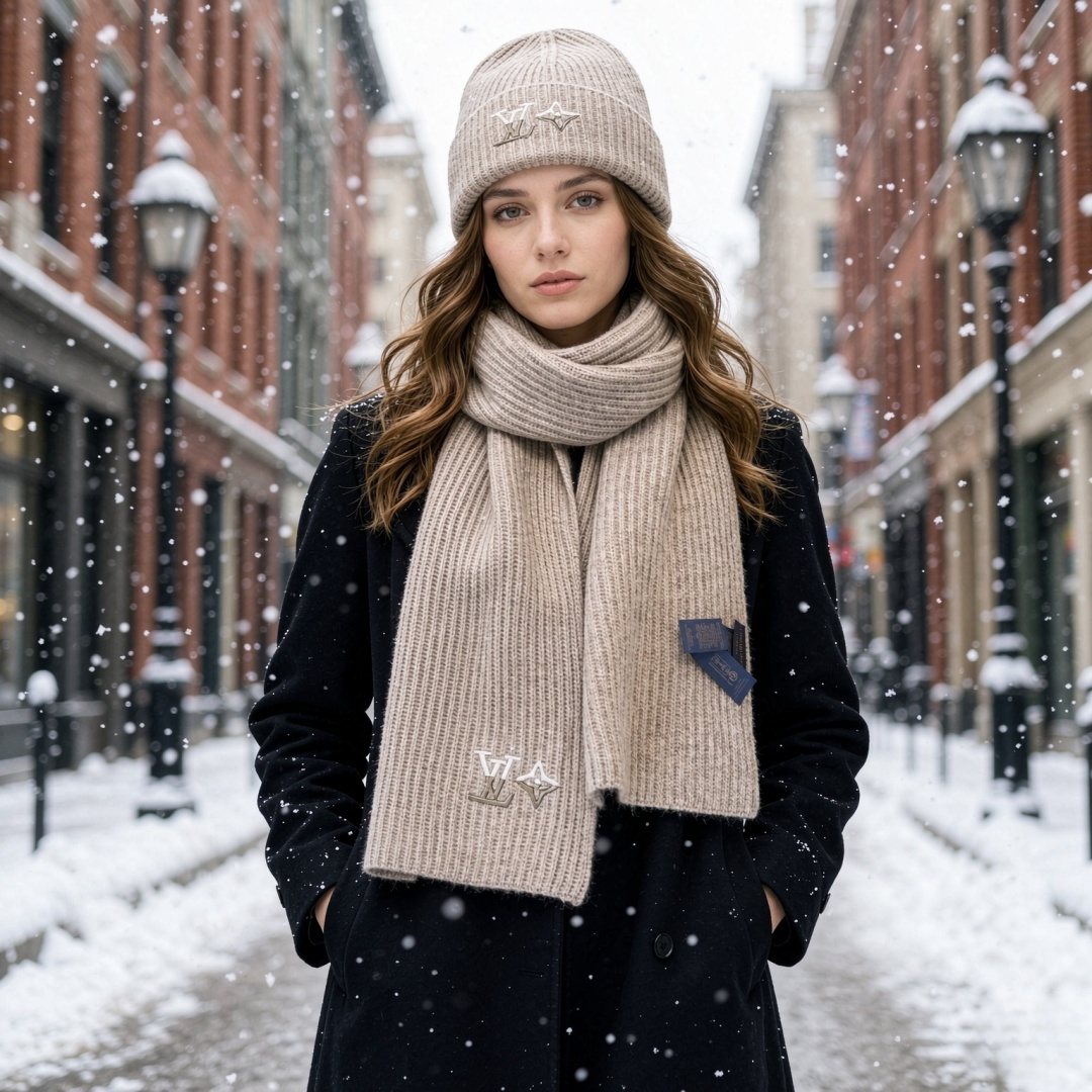 Louis Vuitton Rib-Knit Scarf & Beanie Set — model
