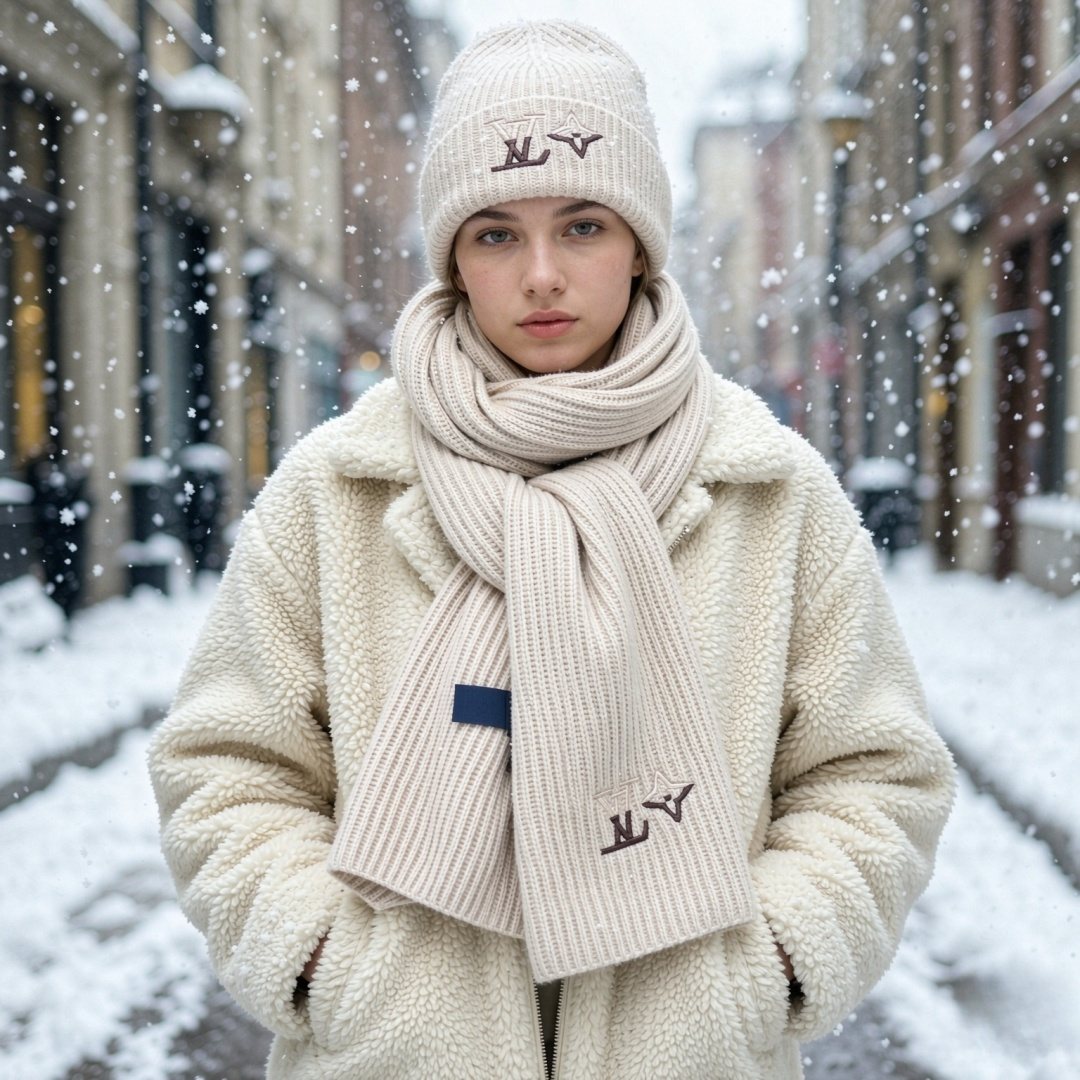 Louis Vuitton Rib-Knit Scarf & Beanie Set — model