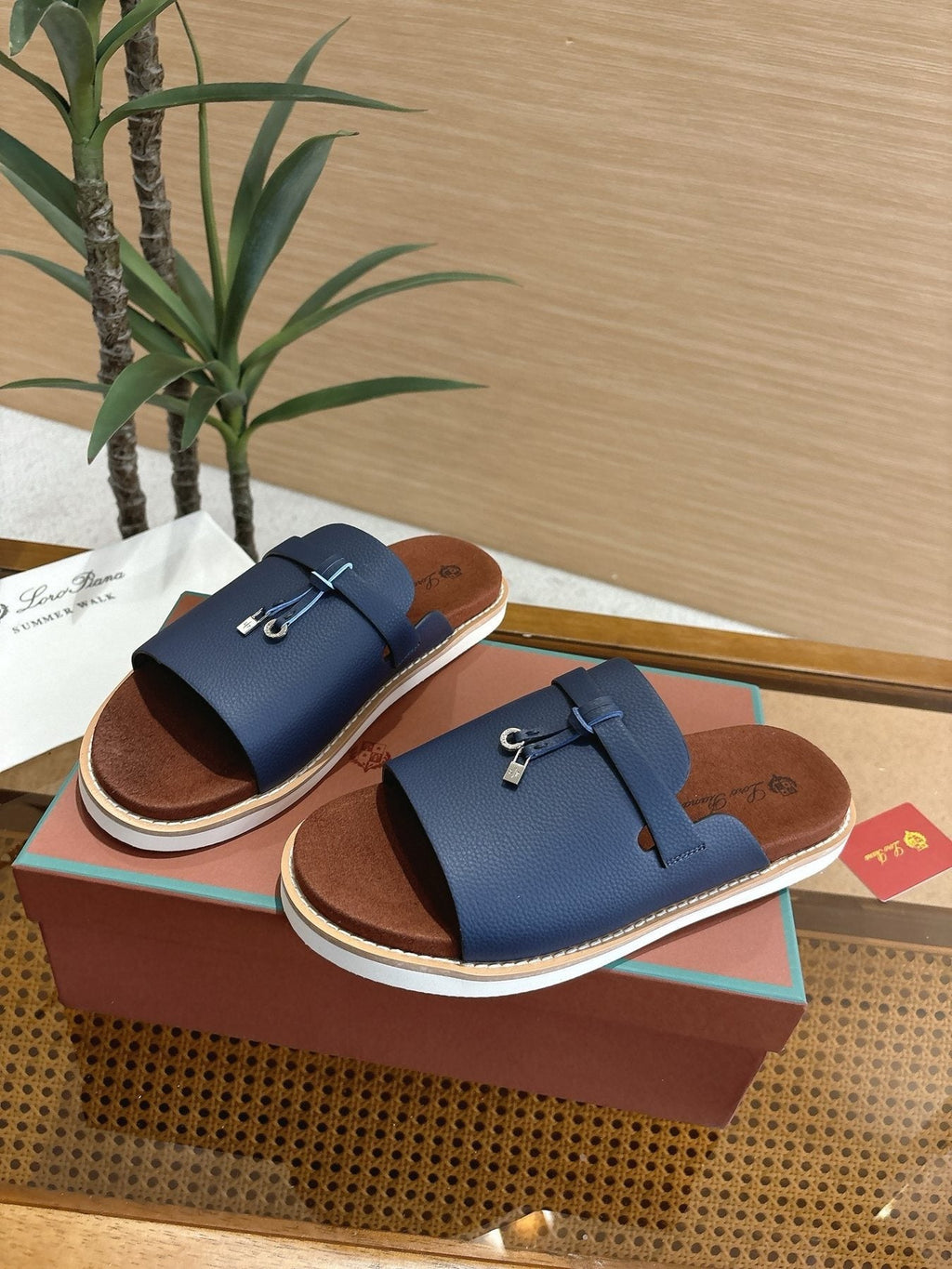 Loro Piana Navy Blue Crisscross Slide Sandals — front