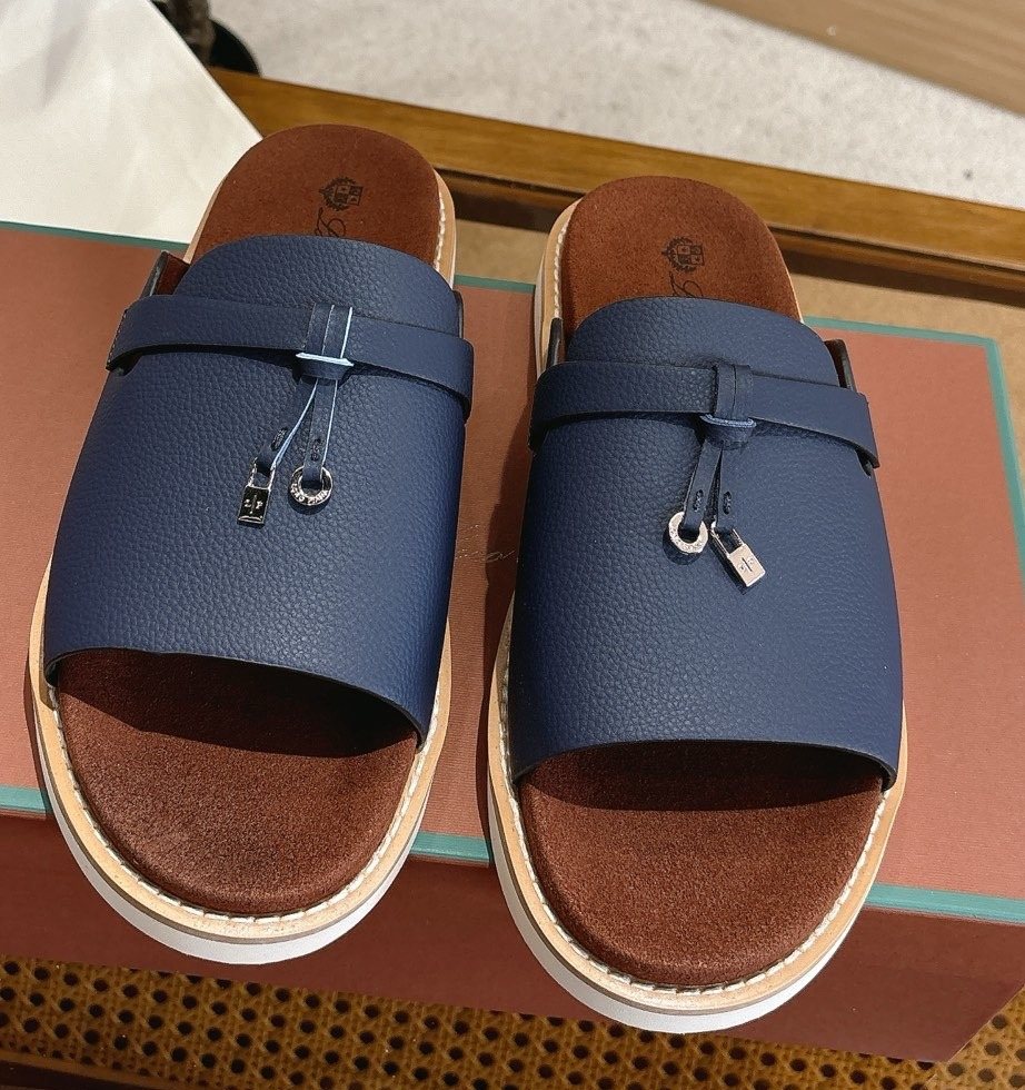 Loro Piana Navy Blue Crisscross Slide Sandals — hero