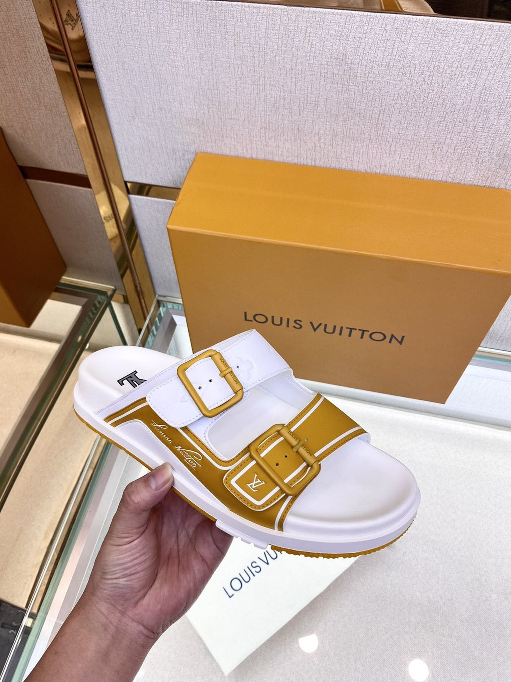 Louis Vuitton Double-Strap Slide Sandals — model