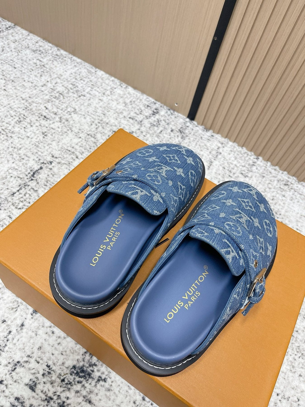 Louis Vuitton Monogram Buckle Clog Sandals — front