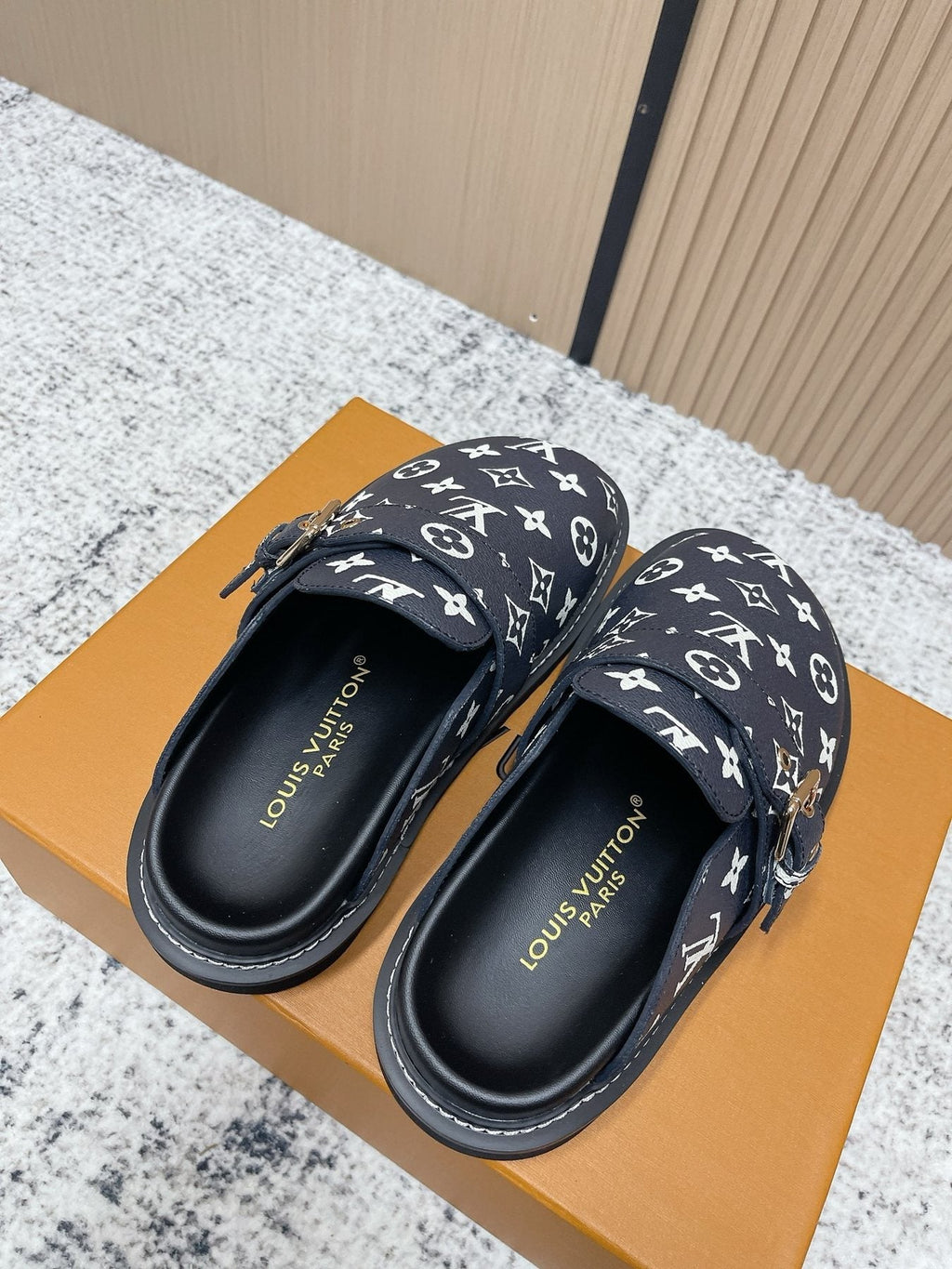 Louis Vuitton Monogram Buckle Clog Sandals — front