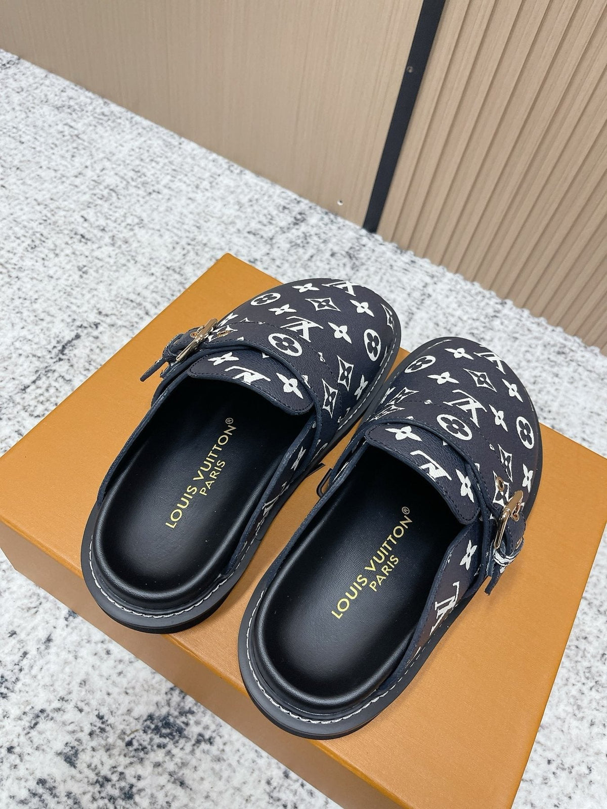 Louis Vuitton Monogram Buckle Clog Sandals — front