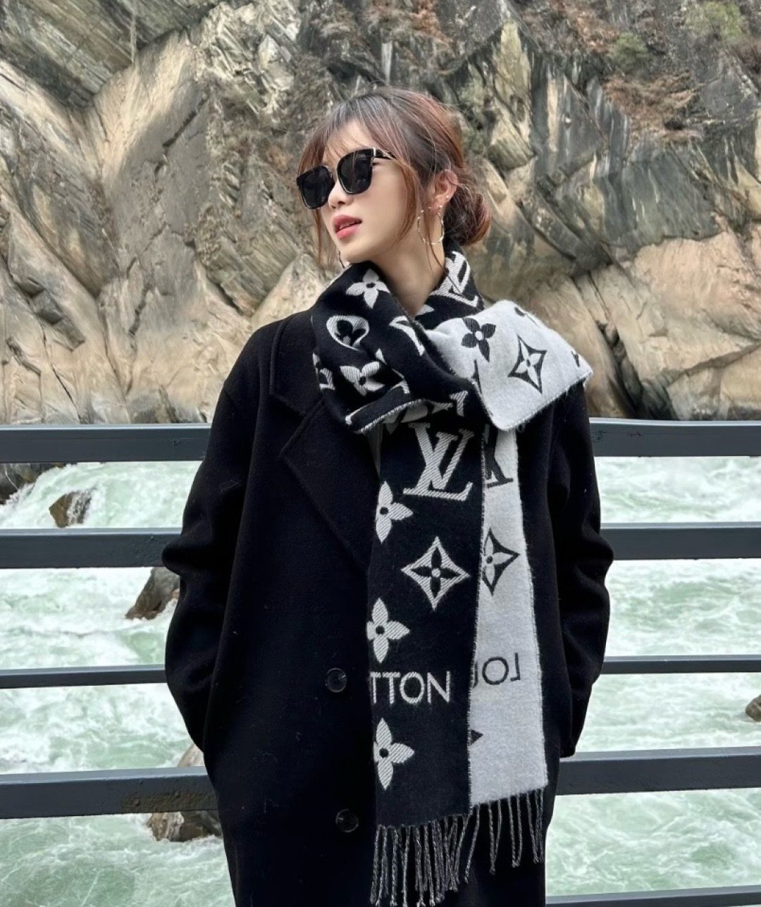 Louis Vuitton Monogram Fringe Scarf — model