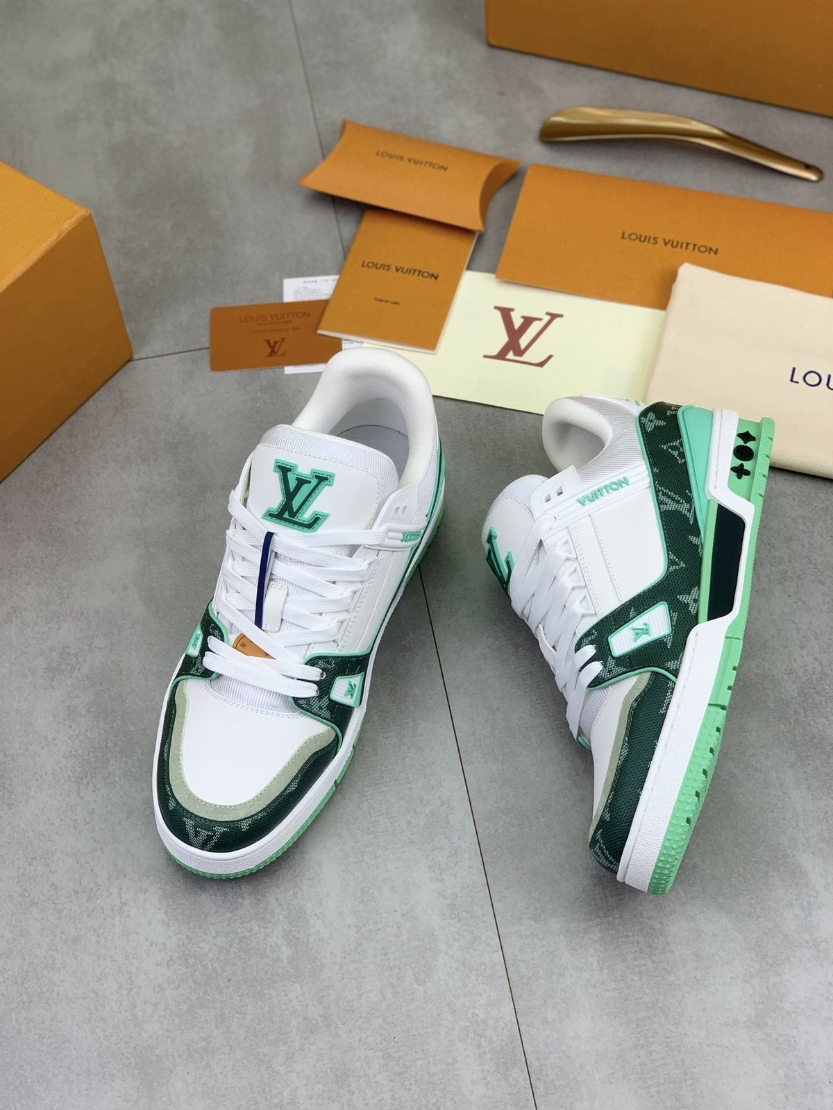 Louis Vuitton White and Navy Blue Sneakers — side