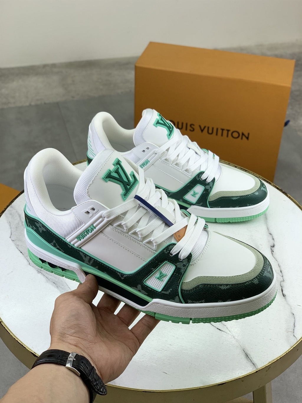 Louis Vuitton White and Navy Blue Sneakers — model