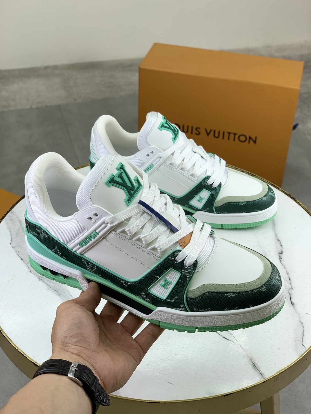 Louis Vuitton White and Navy Blue Sneakers — model