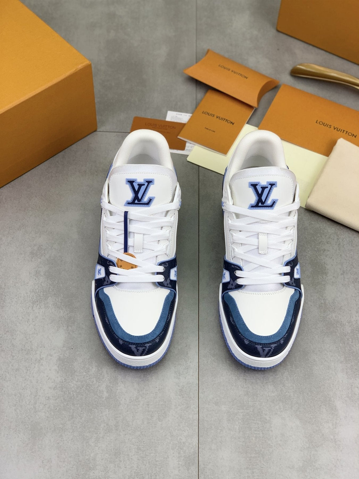 Louis Vuitton White and Navy Blue Sneakers — front