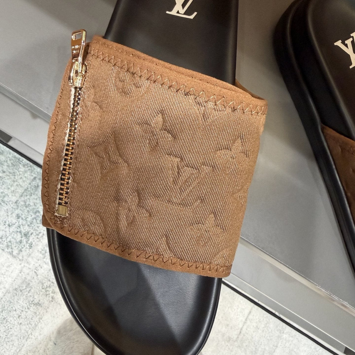 Louis Vuitton Embossed Zip Slide Sandals — detail
