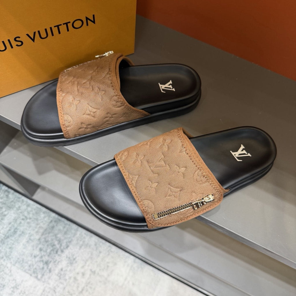 Louis Vuitton Embossed Zip Slide Sandals — front