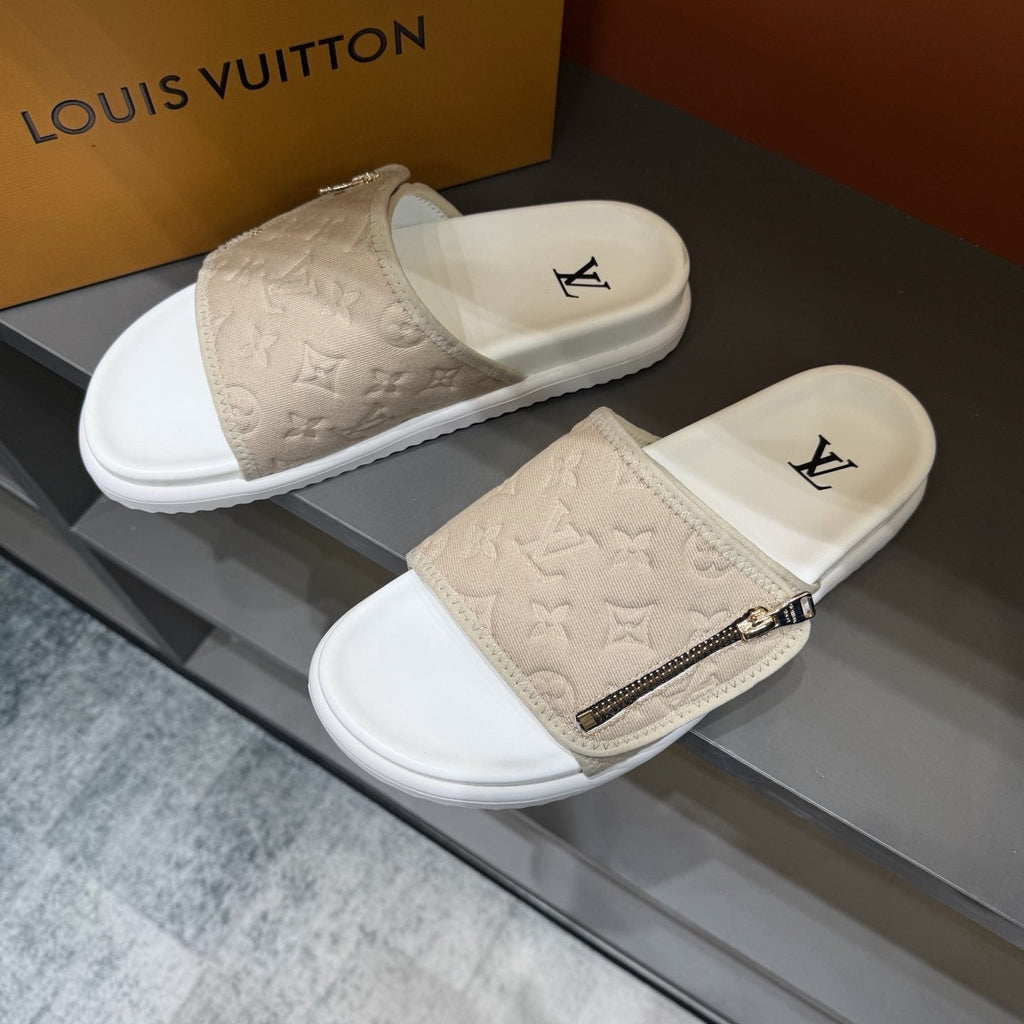 Louis Vuitton Embossed Zip Slide Sandals — front
