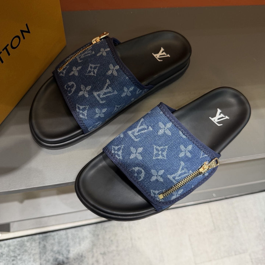 Louis Vuitton Blue Monogram Strap Slide Sandals — front