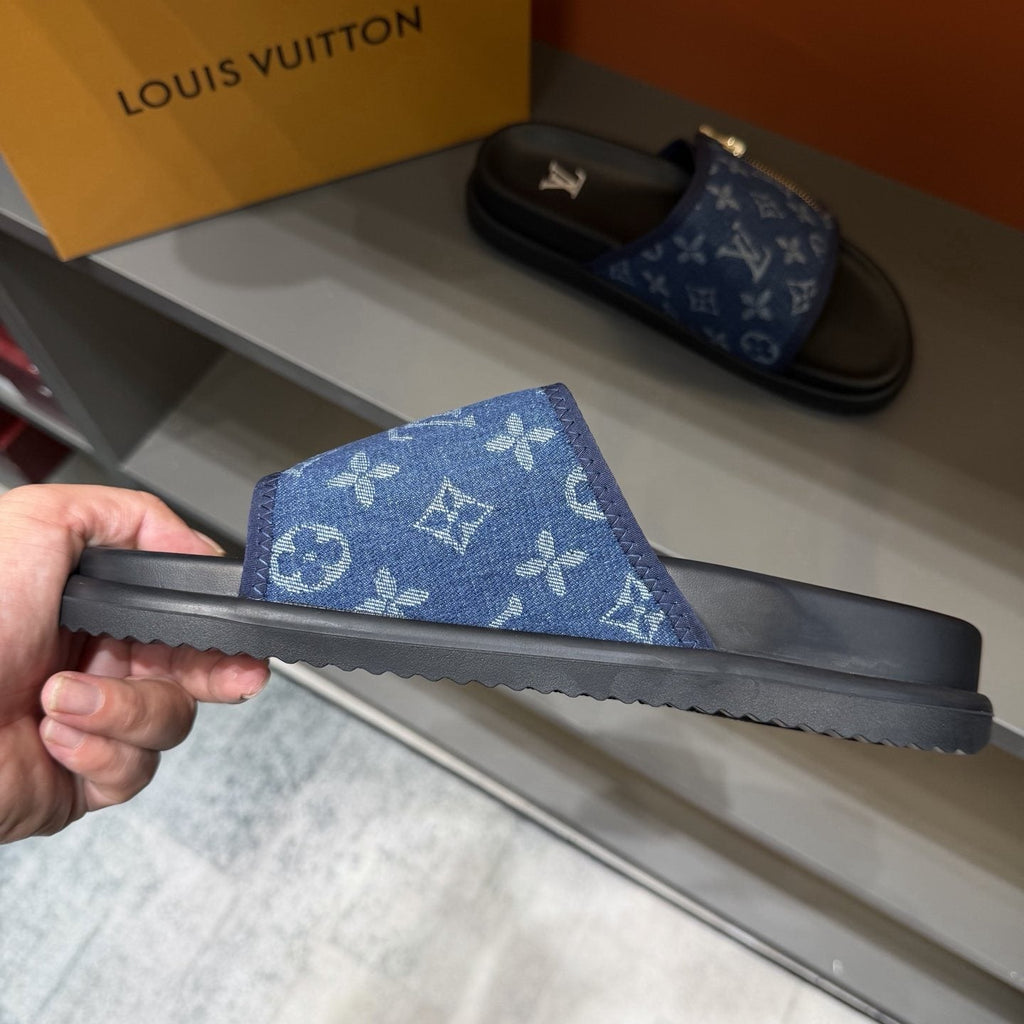 Louis Vuitton Blue Monogram Strap Slide Sandals — side