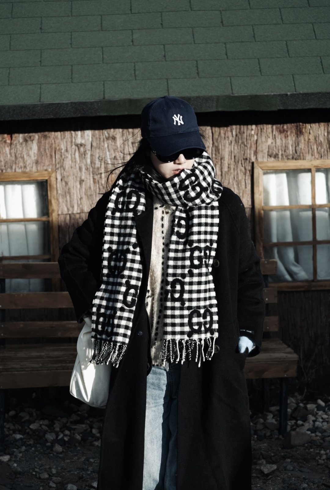 Gucci Black and White Check Fringe Scarf — model