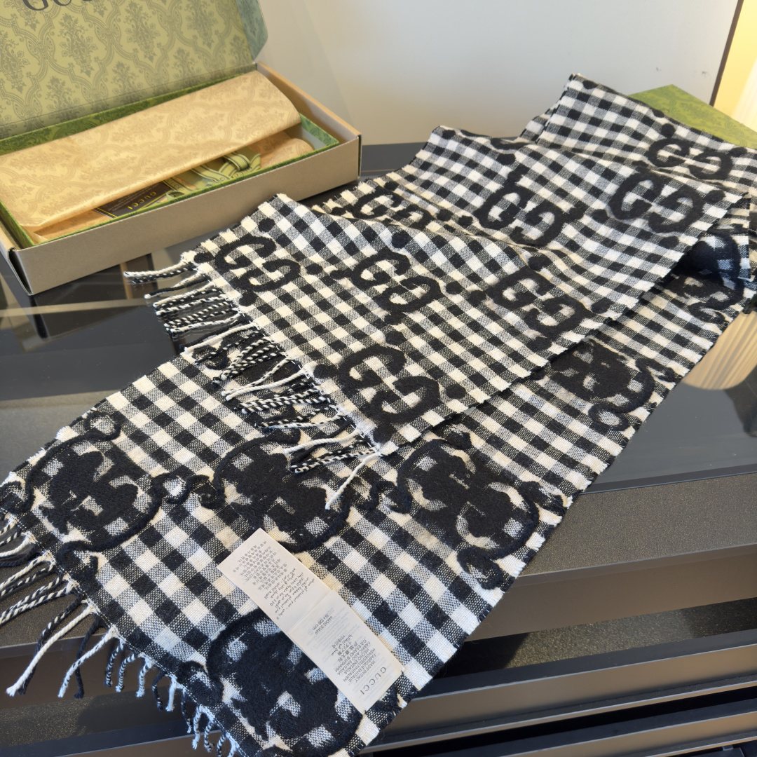 Gucci Black and White Check Fringe Scarf — hero