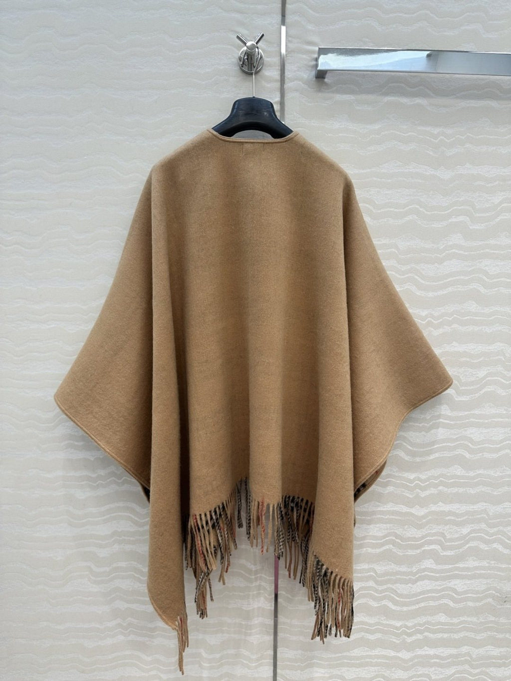Black Reversible Plaid Fringed Poncho — back